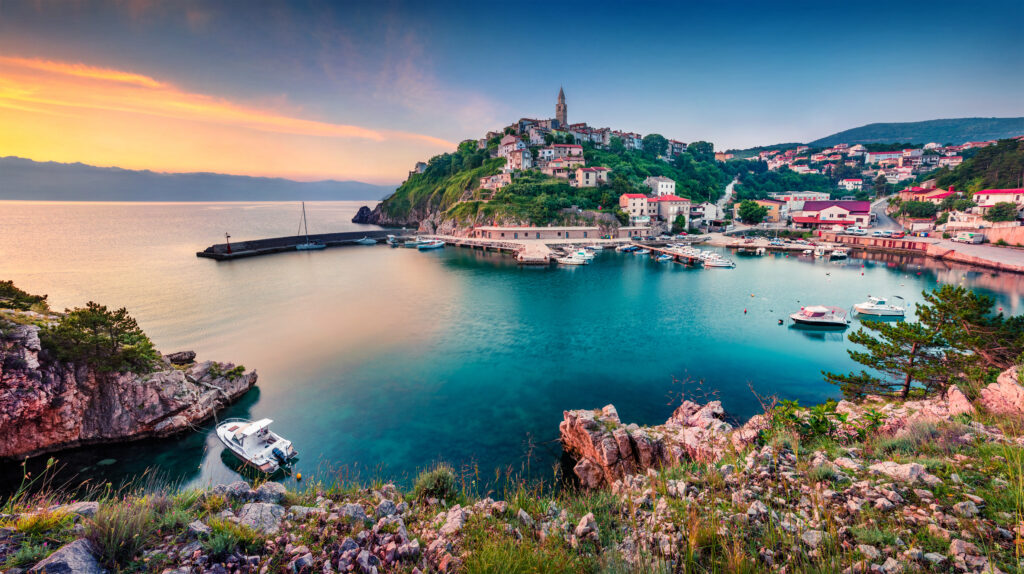 Exciting,Morning,Cityscape,Of,Vrbnik,Town.,Colorful,Summer,Seascape,Of
